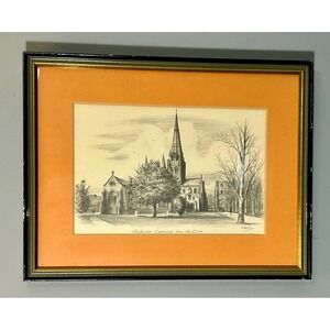 Judges Signed Chichester Cathedral from the Cross Framed Vintage Pencil Sketch
